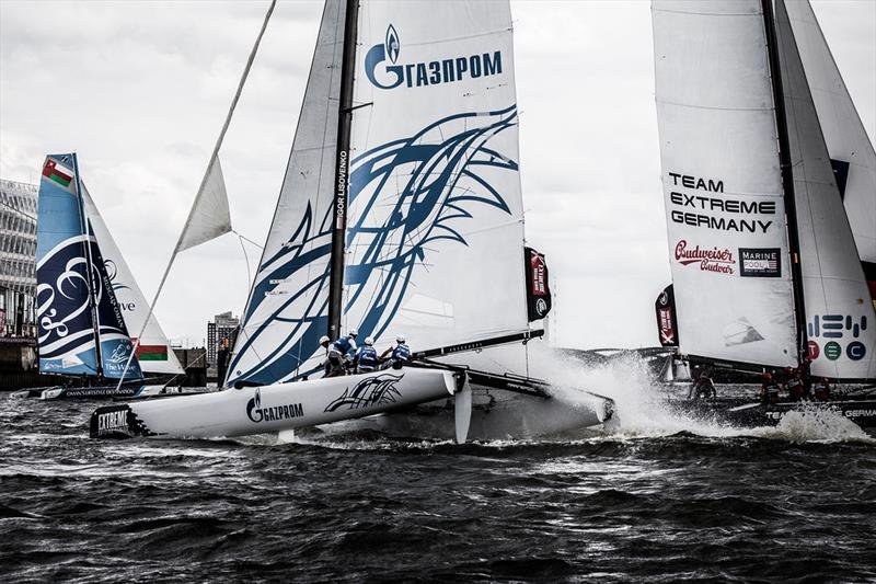 Gazprom Team Russia take three race wins on day 1 of Extreme Sailing Series Act 5, Hamburg photo copyright Jesus Renedo / OC Sport taken at  and featuring the Extreme 40 class