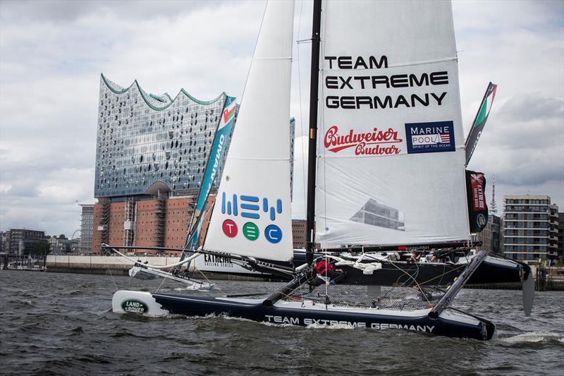 Team Extreme Germany race on the River Elbe on day 1 of Extreme Sailing Series Act 5, Hamburg photo copyright Jesus Renedo / OC Sport taken at  and featuring the Extreme 40 class