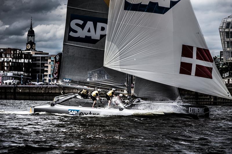 SAP Extreme Sailing Team blast downwind on day 1 of Extreme Sailing Series Act 5, Hamburg photo copyright Jesus Renedo / OC Sport taken at  and featuring the Extreme 40 class