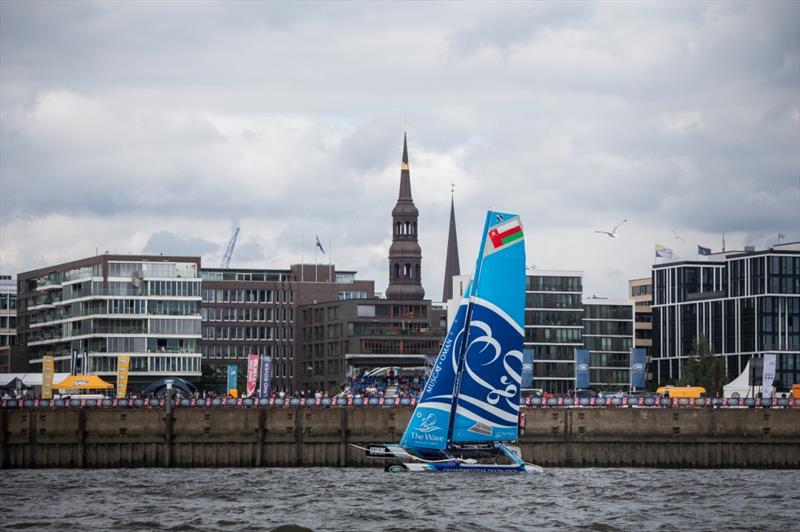 Racing on the River Elbe on day 1 of Extreme Sailing Series Act 5, Hamburg photo copyright Jesus Renedo / OC Sport taken at  and featuring the Extreme 40 class