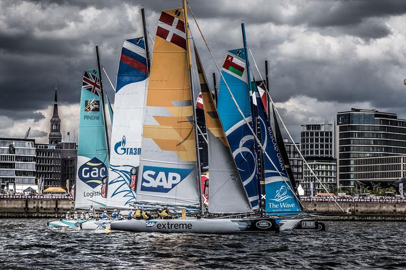 Close racing on day 3 of Extreme Sailing Series Act 5, Hamburg photo copyright Jesus Renedo / OC Sport taken at  and featuring the Extreme 40 class