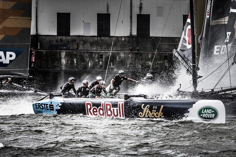 Red Bull Sailing Team blast downwind on day 3 of Extreme Sailing Series Act 5, Hamburg photo copyright Jesus Renedo / OC Sport taken at  and featuring the Extreme 40 class