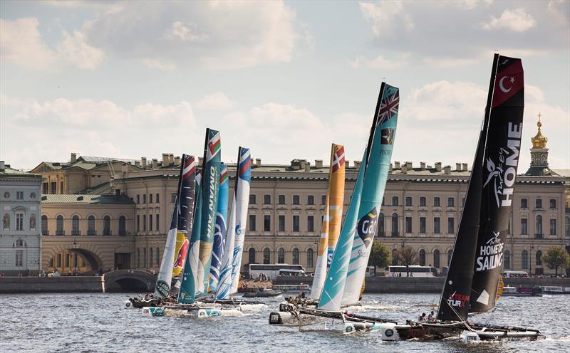 The fleet line up on the start line on the River Neva during Extreme Sailing Series Act 6, St Petersburg photo copyright Lloyd Images taken at  and featuring the Extreme 40 class
