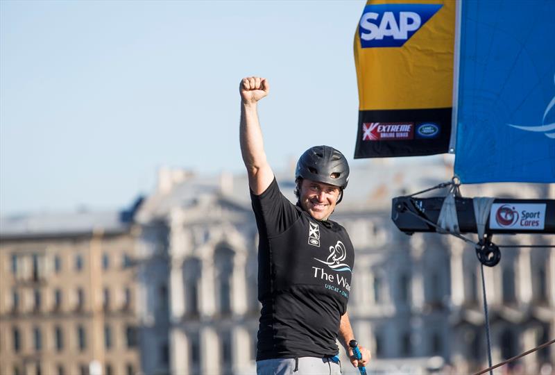 Leigh McMillan celebrates his fourth Act win of the 2015 season at Extreme Sailing Series Act 6, St Petersburg photo copyright Lloyd Images taken at  and featuring the Extreme 40 class