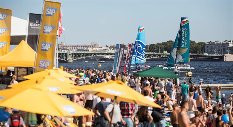 Crowds lined the shore of the Peter and Paul Fortress to watch the racing at Extreme Sailing Series Act 6, St Petersburg photo copyright Lloyd Images taken at  and featuring the Extreme 40 class