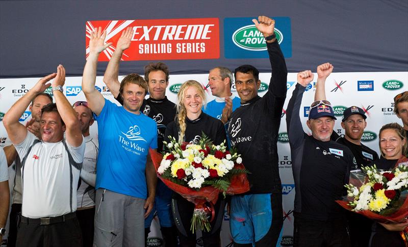 The Wave, Muscat celebrate their win in Russia flanked by second place Lino Sonego Team Italia and third place Red Bull Sailing Team at Extreme Sailing Series Act 6, St Petersburg photo copyright Lloyd Images taken at  and featuring the Extreme 40 class