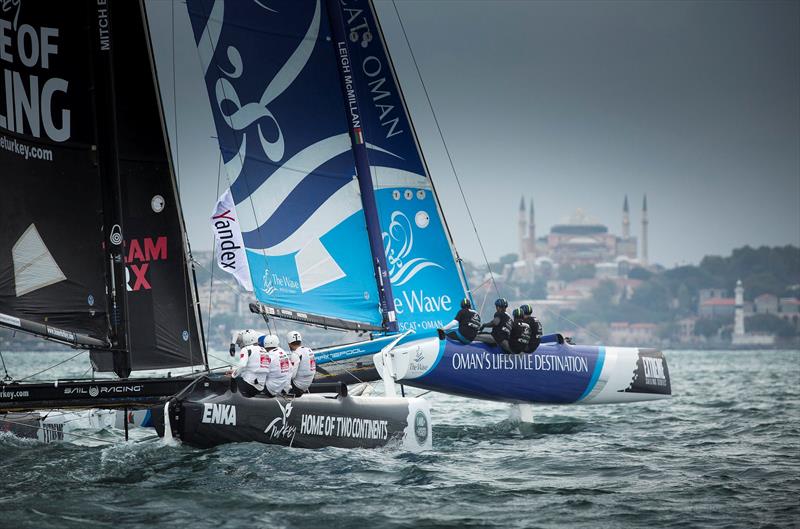 Team Turx in pursuit of The Wave, Muscat on day 1 of Extreme Sailing Series Act 7, Istanbul photo copyright Lloyd Images taken at  and featuring the Extreme 40 class