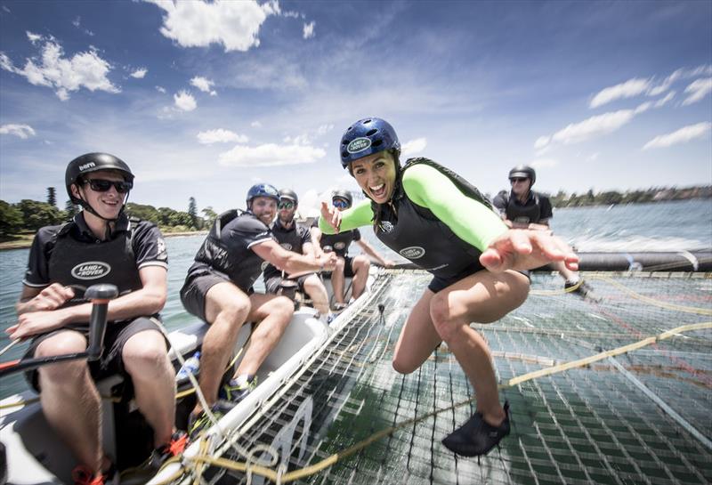 Land Rover Australia ambassador Sally Fitzgibbons 'surfs' an Extreme 40 as fellow ambassador Phil Waugh puts his sailing skills to the test on day 2 of Extreme Sailing Series™ Act 8, Sydney - photo © Lloyd Images