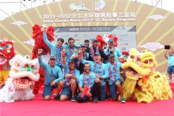 Team Telefonica, skippered by Iker Martinez from Spain celebrate on stage as they finish first on leg 3 of the Volvo Ocean Race