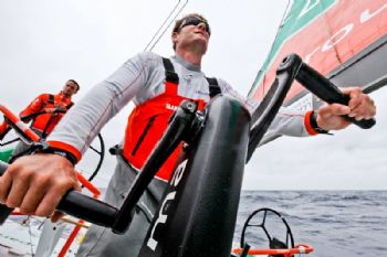 Charles Caudrelier grinding with skipper Franck Cammas helming, onboard Groupama Sailing Team during leg 4 of the Volvo Ocean Race