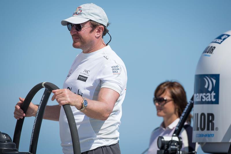 Duran Duran star Simon Le Bon takes to the helm of VO65 Azzam with the Abu Dhabi Ocean Racing crew and wife Yasmin - photo © Lloyd Images