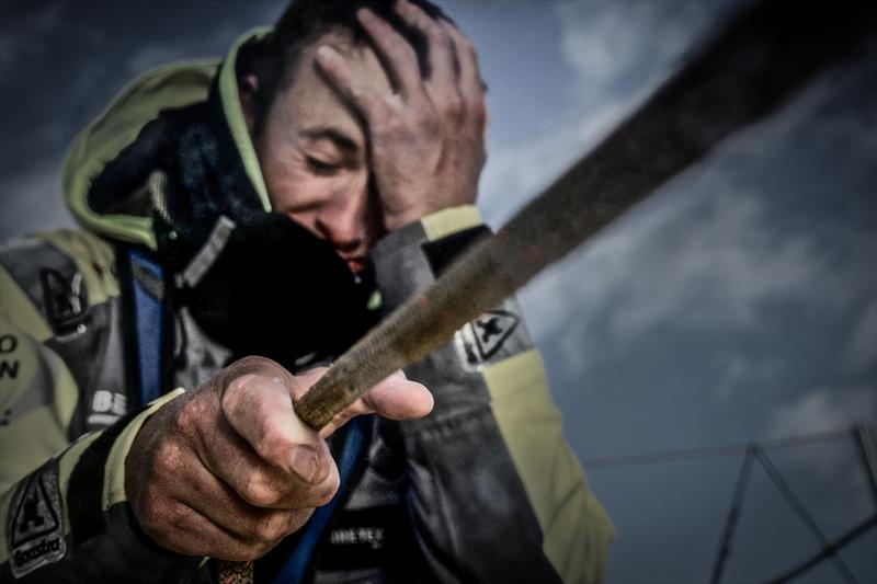 Jens Dolmer with his head in his hand during Volvo Ocean Race leg 2 photo copyright Stefan Coppers / Team Brunel / Volvo Ocean Race taken at  and featuring the Volvo One-Design class