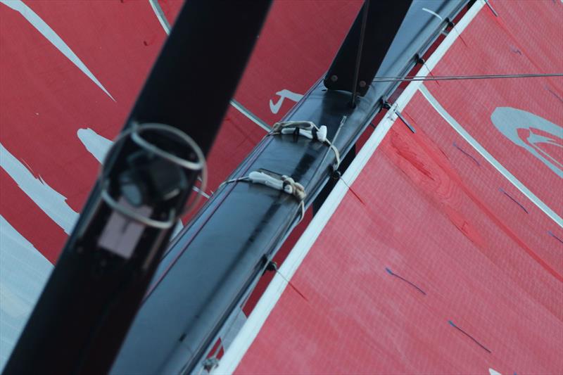 Close up of the temporary repair straps on Dongfeng Race Team during Volvo Ocean Race leg 2 photo copyright Yann Riou / Dongfeng Race Team taken at  and featuring the Volvo One-Design class