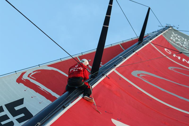 Bowman, Kevin Escoffier, climbs the mast to execute the temporary repair on Dongfeng Race Team during Volvo Ocean Race leg 2 photo copyright Yann Riou / Dongfeng Race Team taken at  and featuring the Volvo One-Design class