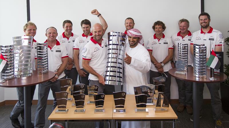 Ian Walker and his team present the Volvo Ocean Race 2014-15 trophy to His Highness Sheikh Mohammed bin Zayed Al Nahyan photo copyright Ian Roman / Abu Dhabi Ocean Racin taken at  and featuring the Volvo One-Design class