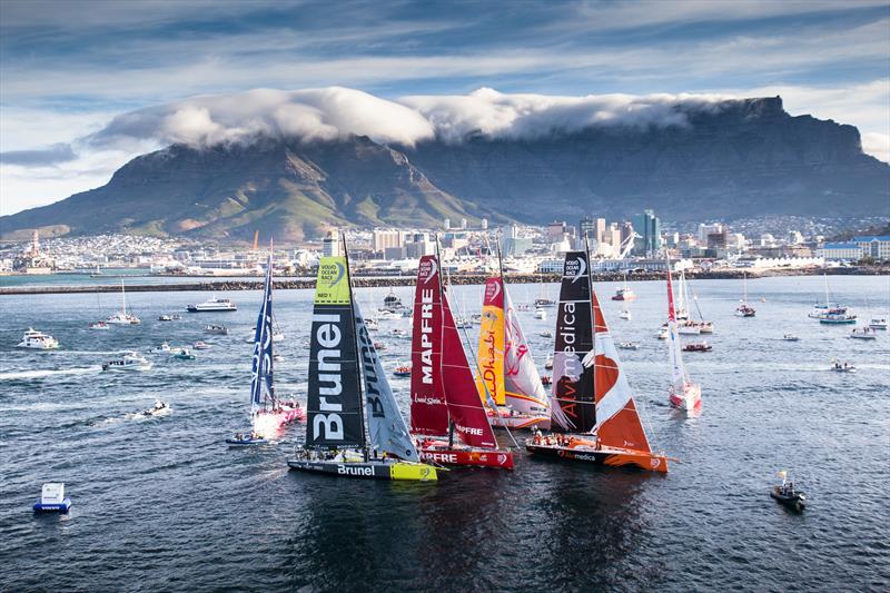 The fleet during the start of Leg 2 in Cape Town photo copyright María Muiña / MAPFRE taken at  and featuring the Volvo One-Design class