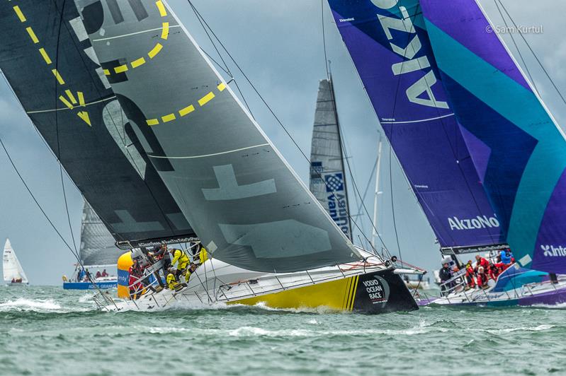 The Volvo Ocean Race fleet set off Round the Isle of Wight at Lendy Cowes Week photo copyright Sam Kurtul / www.worldofthelens.co.uk taken at Cowes Combined Clubs and featuring the Volvo One-Design class