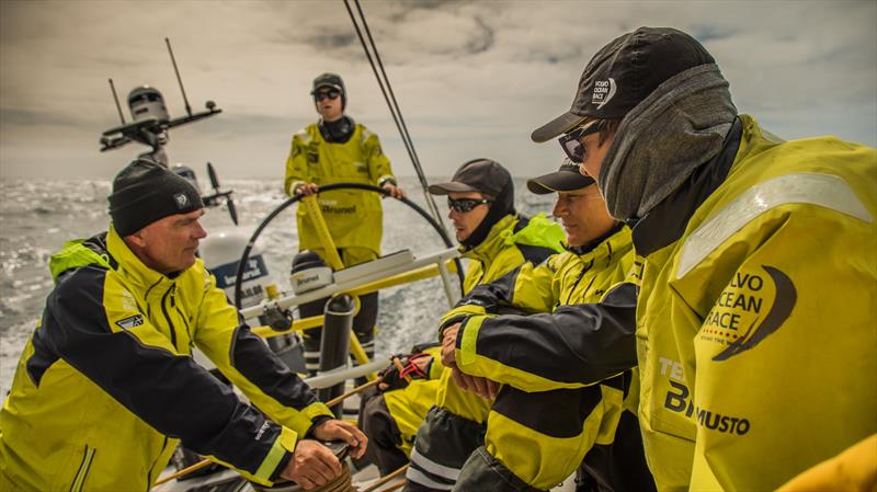 Bouwe Bekking holds a brief meeting on deck at watch changeover during Volvo Ocean Race leg 2 - photo © Rich Edwards / Volvo Ocean Race