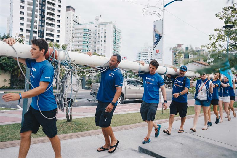 Shore crew carrying the jury rig to ANI ahead of Volvo Ocean Race Leg 8 from Itajaí to Newport starts photo copyright Atila Madrona / Volvo Ocean Race taken at  and featuring the Volvo One-Design class