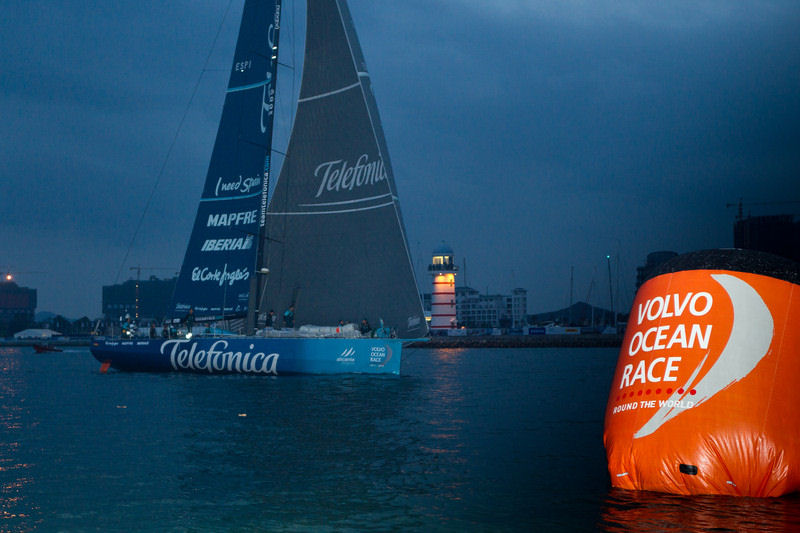 Team Telefonica, skippered by Iker Martinez from Spain in light winds at the start leg 4 of the Volvo Ocean Race