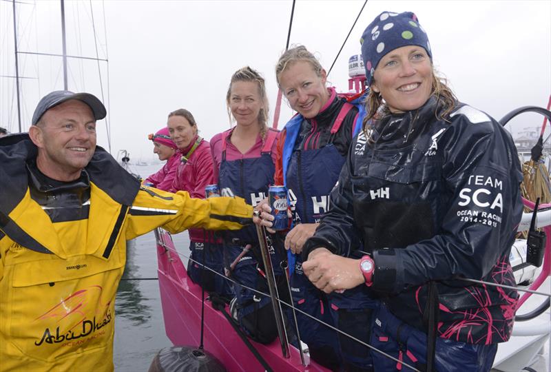 Team SCA at the finish of the Rolex Fastnet Race in Plymouth photo copyright Rick Tomlinson / www.rick-tomlinson.com taken at  and featuring the Volvo 70 class
