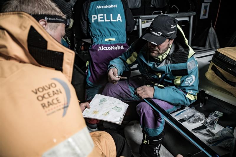 Leg 3, Cape Town to Melbourne, day 7, on board AkzoNobel. Skipper Simeon Tienpont has to be careful with how much glue he uses- if this attempt fails they will only have enough for one more try - photo © James Blake / Volvo Ocean Race