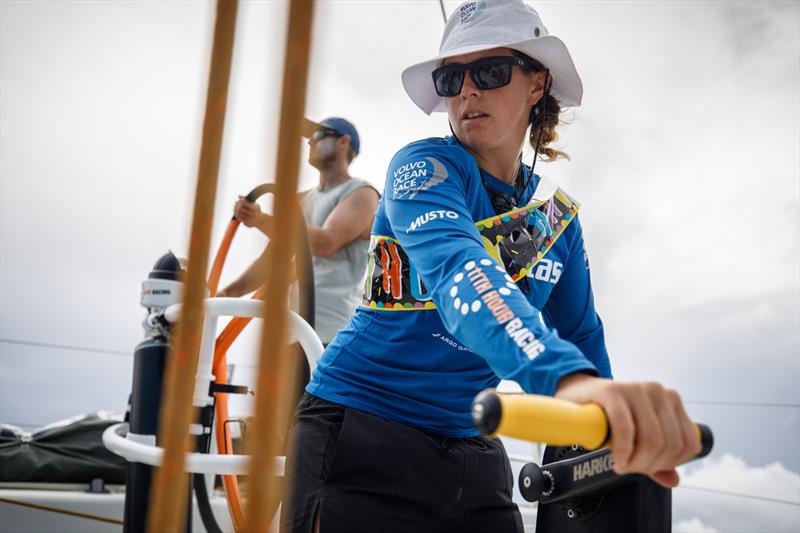 Leg 4, Melbourne to Hong Kong, day 12, birthday girl Hannah `Splashy` Diamond on the pedastal after turning 28 years old on board Vestas 11th Hour. - photo © Amory Ross / Volvo Ocean Race