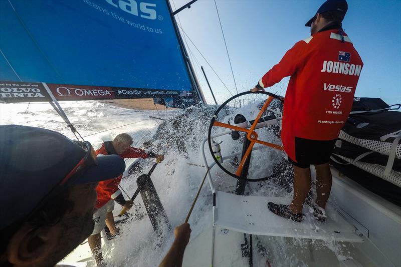 Leg 4, Melbourne to Hong Kong, day 14, Tom Johnson driving Vestas 11th Hour through the windy and warm Northeast trade winds. - photo © Amory Ross / Volvo Ocean Race