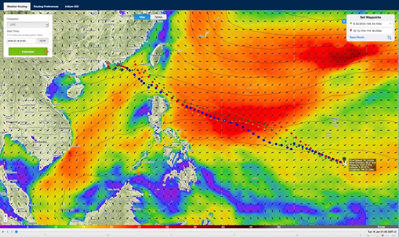 Routing as at 0100 Sjked on January 16, 2018 for Team AkzoNobel showing gybes to get south on some routes. - photo © Predictwind
