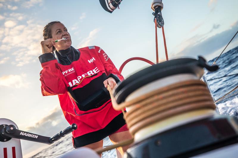 Leg 4, Melbourne to Hong Kong, day 15 on board MAPFRE, life on board, when you dont have enough time for yourself, Sophie Ciszek in a busy morning photo copyright Ugo Fonolla / Volvo Ocean Race. 15 January taken at  and featuring the Volvo One-Design class