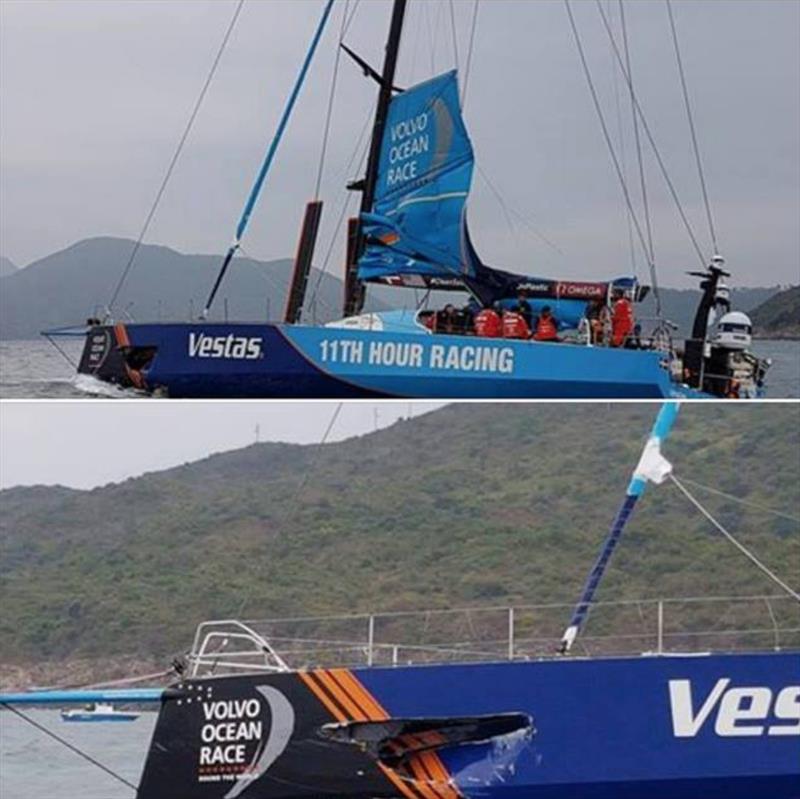Damage to port side of Vestas 11th Hour after a collision with a fishing boat 30nm from the finish of Leg 4 photo copyright Alex Haworth taken at  and featuring the Volvo One-Design class