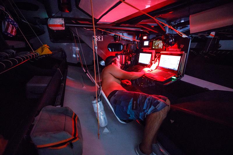 Leg 4, Melbourne to Hong Kong, day 11, Mark Towill monitors the radar and competitors AkzoNobel and Dongfeng, both on AIS, from the nav station on board Vestas 11th Hour. - photo © by Amory Ross / Volvo Ocean Race. 11 January, .