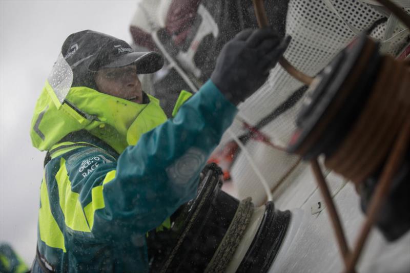 Leg 6 to Auckland, day 05 on board AkzoNobel. Cecile Laguette in action on very wet day. 11 February, . - photo © Rich Edwards / Volvo Ocean Race