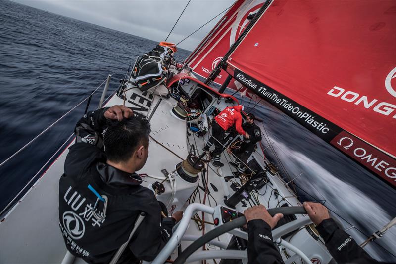 Leg 6 to Auckland, Day 6 on board Dongfeng. Strong reaching condition heading south. Black trimming the main while Kevin Escoffier is driving. 12 February,  2018 - photo © Martin Keruzore / Volvo Ocean Race