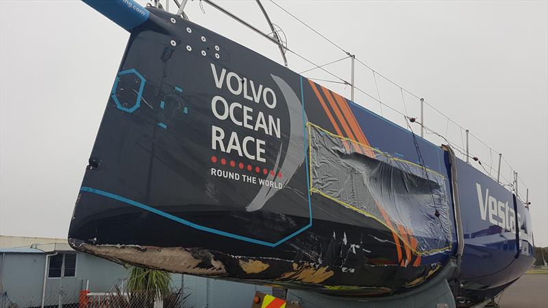 Vestas 11th Hour Racing unloaded and waiting to start the trip to Auckland for repair ahead of the start of Leg 7 of the Volvo Ocean Race on March 18, 2018 photo copyright Facebook.com taken at  and featuring the Volvo One-Design class