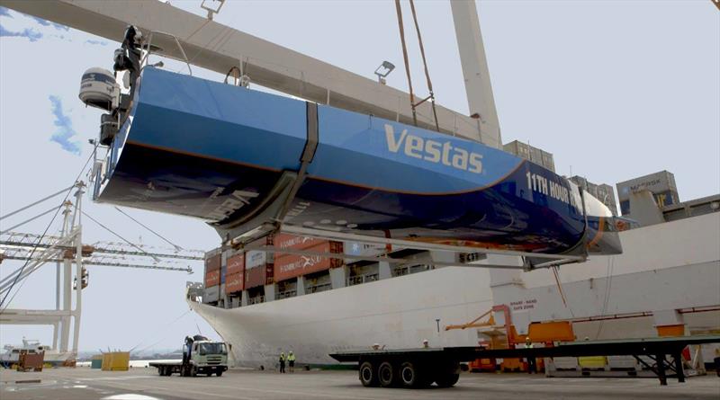 Vestas 11th Hour Racing being unloaded ahead of the start the trip to Auckland for repair ahead of the start of Leg 7 of the Volvo Ocean Race on March 18, 2018 - photo © Vestas 11th Hour Racing