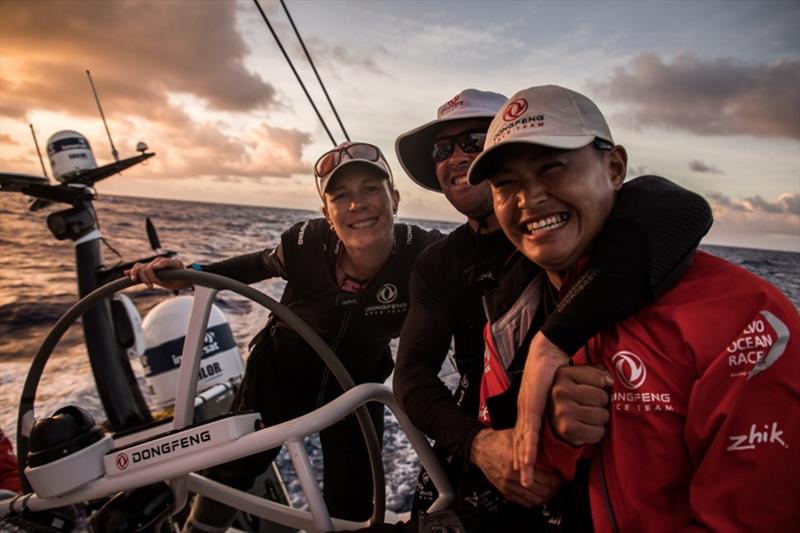 Volvo Ocean Race Leg 6 to Auckland, day 07 on board Dongfeng. A happy team for the first real sunset of the leg. 13 February photo copyright Martin Keruzore / Volvo Ocean Race taken at  and featuring the Volvo One-Design class