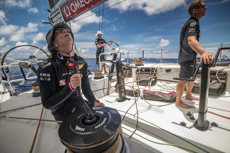 Leg 6 to Auckland, day 14 on board Sun hung Kai / Scallywag. It's all about the little adjustments in light winds, Annemieke Bes trimming the Mast Head Zero at its best. 21 February,  photo copyright Jeremie Lecaudey / Volvo Ocean Race taken at  and featuring the Volvo One-Design class