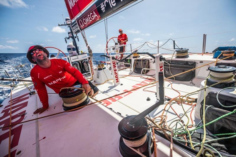 Volvo Ocean Race Leg 6 to Auckland, day 15 on board MAPFRE, Xabi Fernandez stearing and Pablo Arrarte trimming, drone shot during a close batle with Dongfeng . 21 February photo copyright Ugo Fonolla / Volvo Ocean Race taken at  and featuring the Volvo One-Design class
