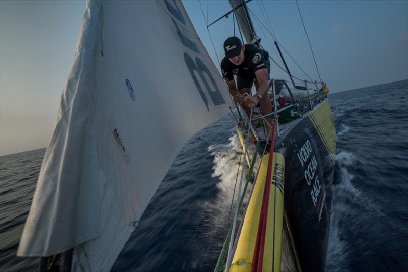 Volvo Ocean Race Leg 6 to Auckland, day 16 on board Brunel. 22 February. Kyle Langford on the bow photo copyright Yann Riou / Volvo Ocean Race taken at  and featuring the Volvo One-Design class