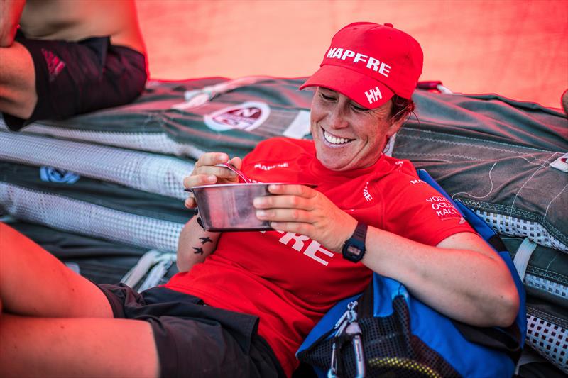 Leg 6 to Auckland, day 17 on board MAPFRE, Tamara Echegoyen Eating on deck after her watch. 23 February,  photo copyright Ugo Fonolla / Volvo Ocean Race taken at  and featuring the Volvo One-Design class