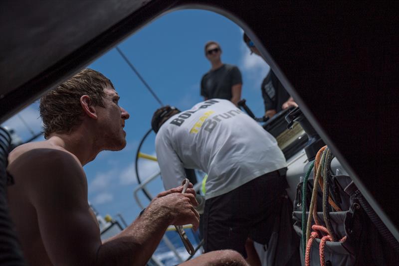 Leg 6 to Auckland, day 18 on board Brunel. 24 February, . Peter Burling getting ready for sail change photo copyright Yann Riou / Volvo Ocean Race taken at  and featuring the Volvo One-Design class