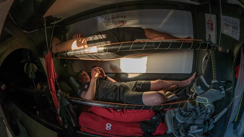 Leg 6 to Auckland, day 18 on board Sun hung Kai / Scallywag. Take it easy they say. Trystan Seal having some movie time. 25 February,  photo copyright Jeremie Lecaudey / Volvo Ocean Race taken at  and featuring the Volvo One-Design class