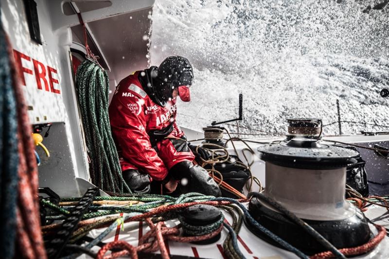 Volvo Ocean Race - Leg 7 from Auckland to Itajai, day 04 on board MAPFRE, Antonio Cuervas-Mons tiding ropes after a pilling and under a wave. 21 March, . - photo © Ugo Fonolla / Volvo Ocean Race