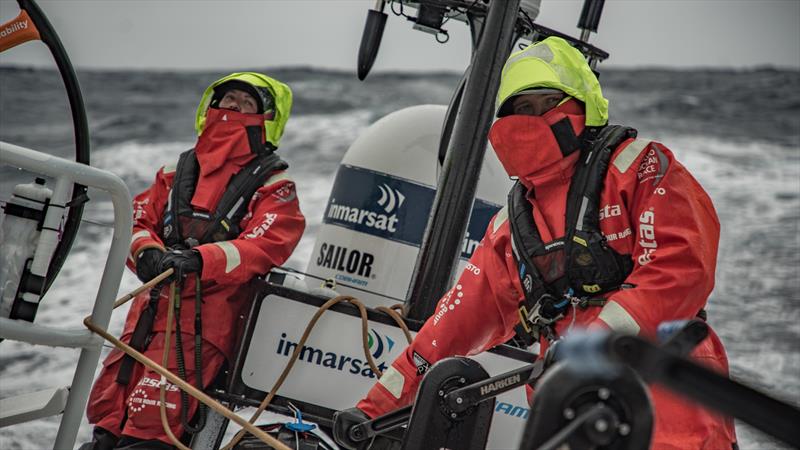 Leg 7 from Auckland to Itajai, day 08 on board Vestas 11th Hour. 24 March, . Watch number 31, Hannah Diamond and Phil Harmer managing the main sail photo copyright Jeremie Lecaudey / Volvo Ocean Race taken at  and featuring the Volvo One-Design class
