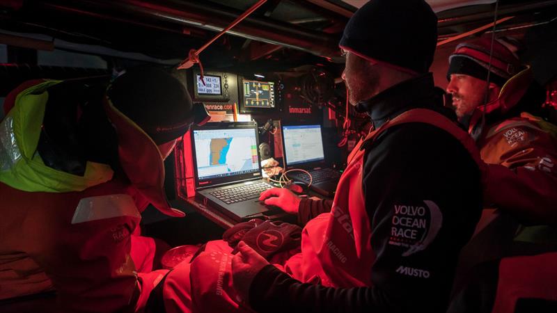 Leg 7 from Auckland to Itajai, day 15 on board Vestas 11th Hour. 31 March, . The team figuring out the next steps, where to go next from the Falkland Islands? - photo © Jeremie Lecaudey / Volvo Ocean Race