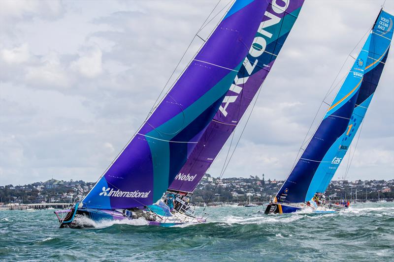 Akzonobel leads Vestas 11th Hour racing out of Auckland - Leg 7, Auckland to Itajai, start day. 18 March,  photo copyright Jesus Renedo / Volvo Ocean Race taken at  and featuring the Volvo One-Design class