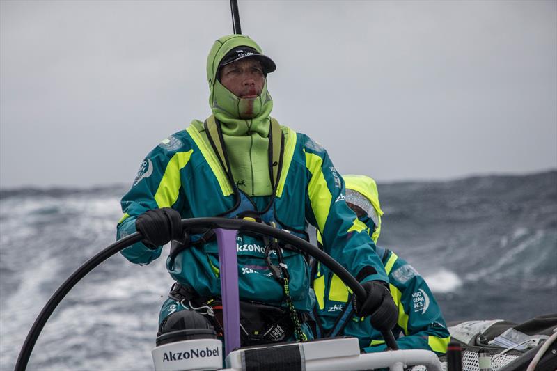 Leg 7 from Auckland to Itajai, day 7 on board AkzoNobel. 23 March, . Justin Ferris takes a big wave face on- the pressure causes a nose bleed photo copyright James Blake / Volvo Ocean Race taken at  and featuring the Volvo One-Design class