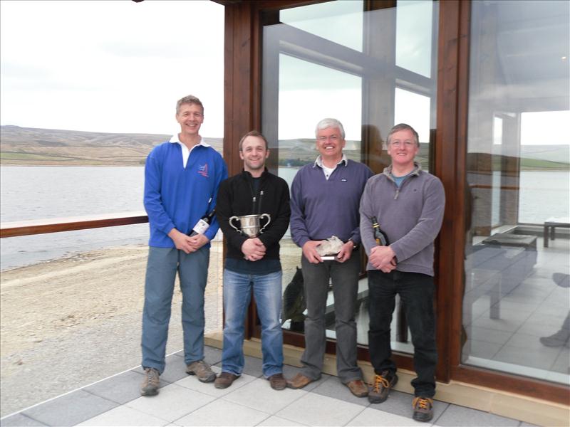 Vortex Nationals prize winners (l to r) Jonathan lister (3rd), Richard Robinson (standard fleet champion), Phil Whitehead (Vortex champion), Keith Escritt (2nd) photo copyright Jane Lister taken at Yorkshire Dales Sailing Club and featuring the Vortex class