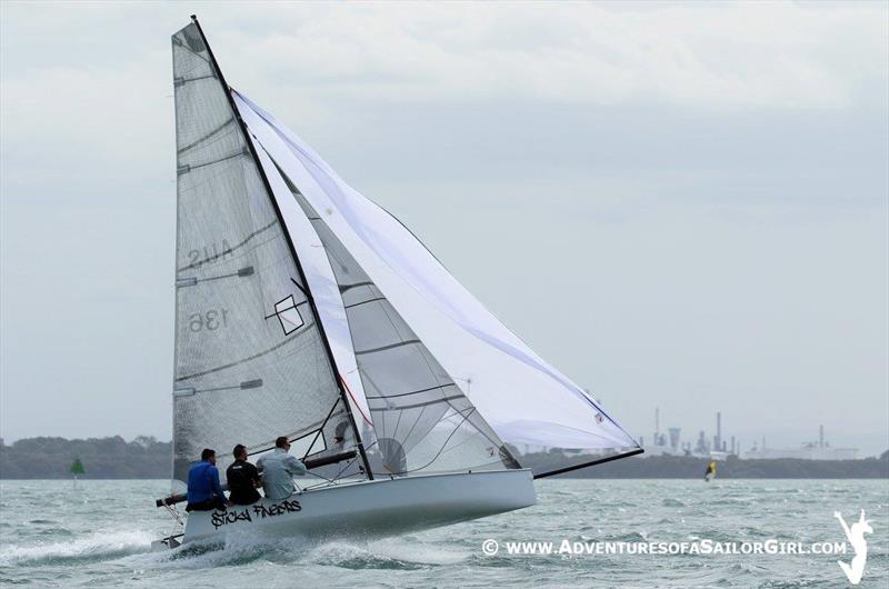 Sticky Fingers requesting permission to land at Brisbane Airport on day 2 of the Australian VX One Midwinter Championship photo copyright Nic Douglass / www.AdventuresofaSailorGirl.com taken at Royal Queensland Yacht Squadron and featuring the VX One class